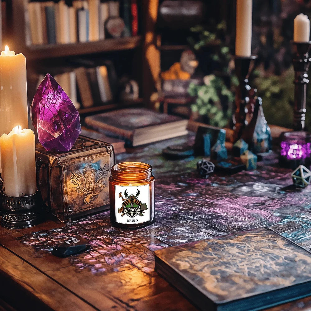 A DnD scented candle labeled "Druid" sits on a tabletop surrounded by books, crystals, and dice, evoking a tabletop RPG setting.