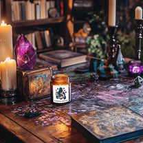 A DnD scented candle sits on a wooden table surrounded by dice, crystals, books, and candles, evoking a tabletop RPG atmosphere.
