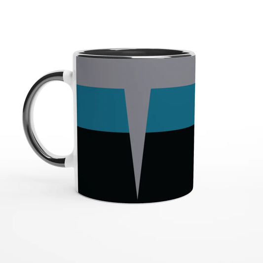 A white ceramic mug displays a design inspired by Star Trek DS9 and Voyager uniforms featuring horizontal bands of black, teal, gray, and black.