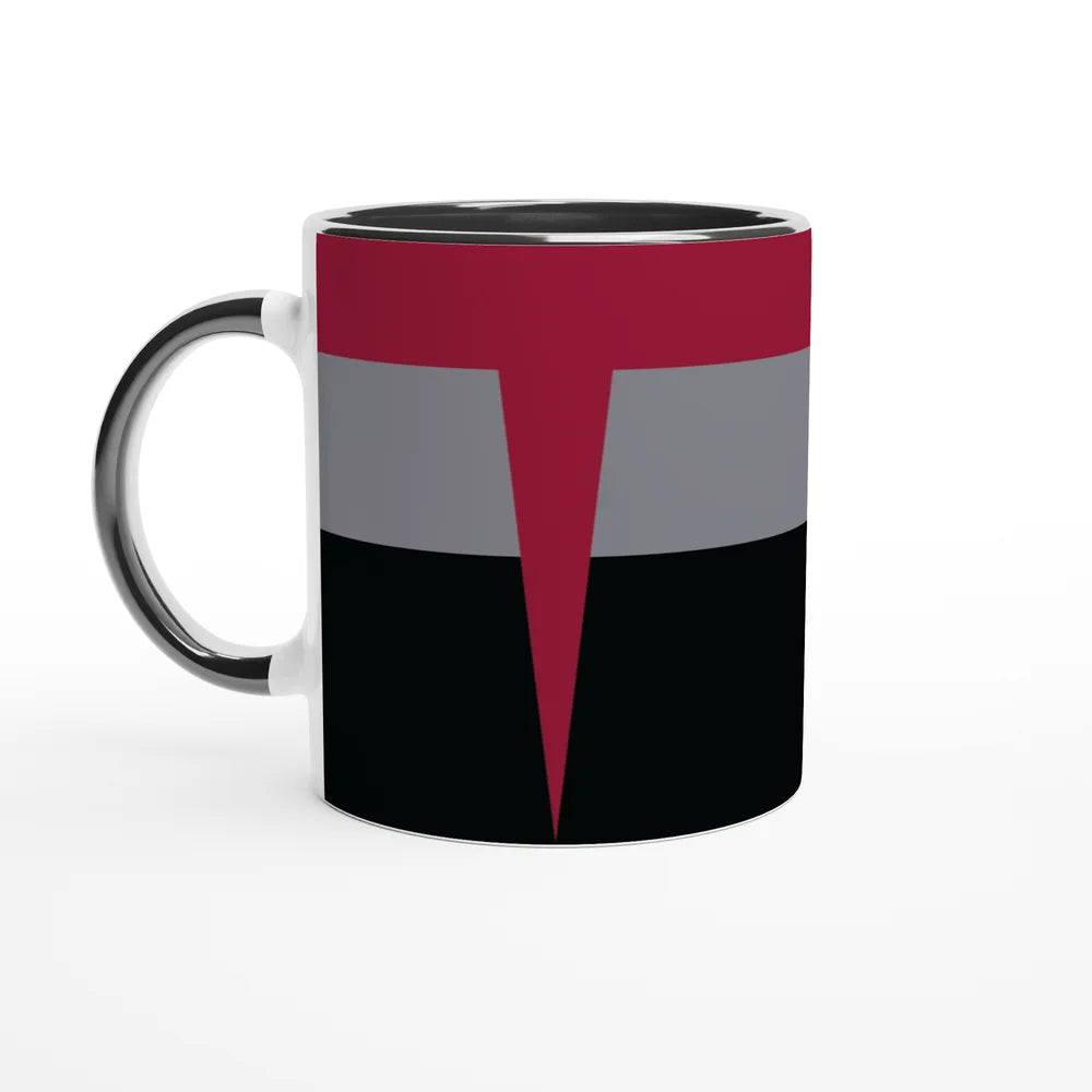 A white mug displays a design inspired by Star Trek DS9 and Voyager uniforms featuring horizontal bands of red, gray, and black colors converging into a triangular shape.
