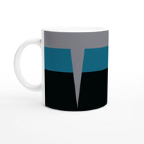 A white mug displays a design inspired by Star Trek DS9 and Voyager uniforms featuring horizontal bands of gray, teal, and black separated by a pointed shape.