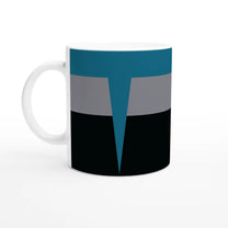 A white mug displays a design inspired by Star Trek Voyager uniforms featuring horizontal bands of black, gray, and teal colors separated by a pointed blue accent.