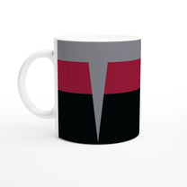 A white mug displays a design inspired by Star Trek DS9 uniforms featuring horizontal bands of black, burgundy, and gray with a stylized silver "V" shape in the center.