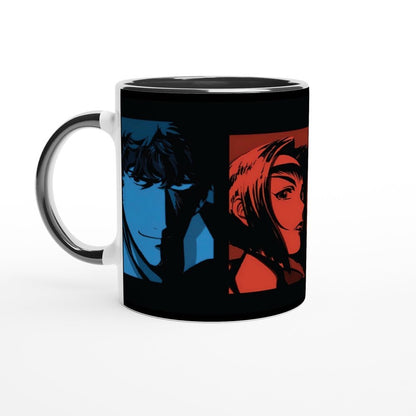 A colourful Cowboy Bebop anime mug displays two original series characters on a black background, one side featuring blue tones and the other red.