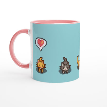 A white mug features pixelated graphics of ginger and tabby cats along with emotes from the Stardew Valley computer game.