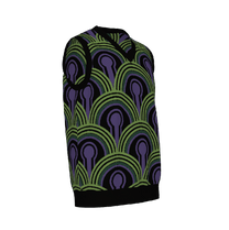 A v-neck knitted sweater vest featuring a purple, green, and black Room 237 wallpaper pattern inspired by horror films.