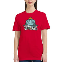 A woman wearing a red fitted t-shirt displays a D20 die graphic with the words "That's How I Roll" printed below it.