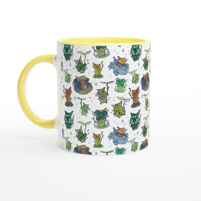 This ceramic mug features a repeating pattern of Korok characters from The Legend of Zelda: Breath of the Wild and Tears of the Kingdom.