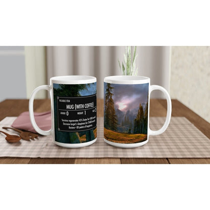 A white ceramic Skyrim coffee mug displays a landscape scene from the video game on one side and item details including "Mug (with Coffee)" on the other.
