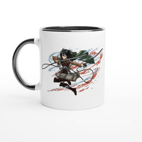 This Attack on Titan mug features an illustration of Mikasa Ackerman in action against a red and blue abstract background.