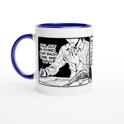A black and white ceramic mug features an illustration from the Deathnote manga depicting Light Yagami reaching for a bag of potato chips with text reading "Pull out a potato chip each time, and eat it.