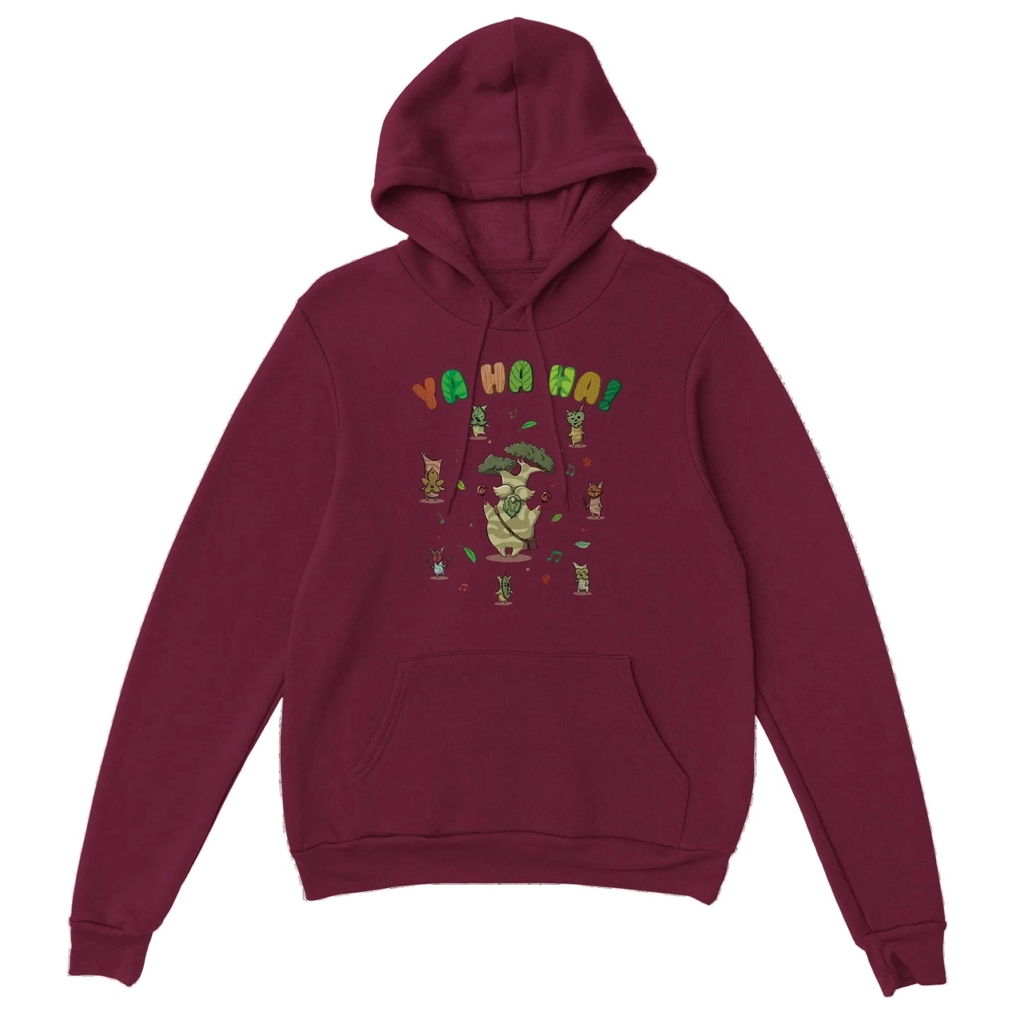 Maroon Zelda hoodie with a colorful Hestu and Koroks graphic design on a white background