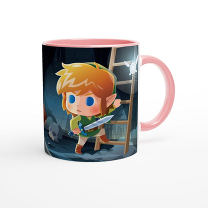 A ceramic mug depicts a chibi Link from The Legend of Zelda: Breath of the Wild and Tears of the Kingdom standing in a dungeon with a fairy nearby.