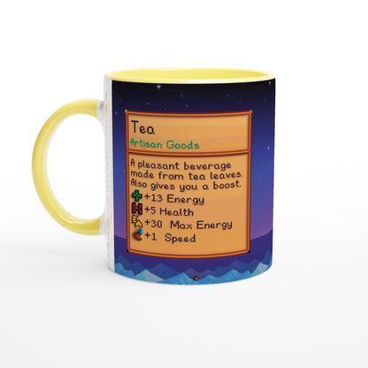 This Stardew custom tea mug features a pixelated graphic of an item card displaying details about "Tea" and its effects.