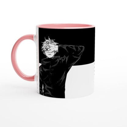 A white mug with a pink handle features a black and white illustration depicting Satoru Gojo from Jujutsu Kaisen in a yin/yang design.