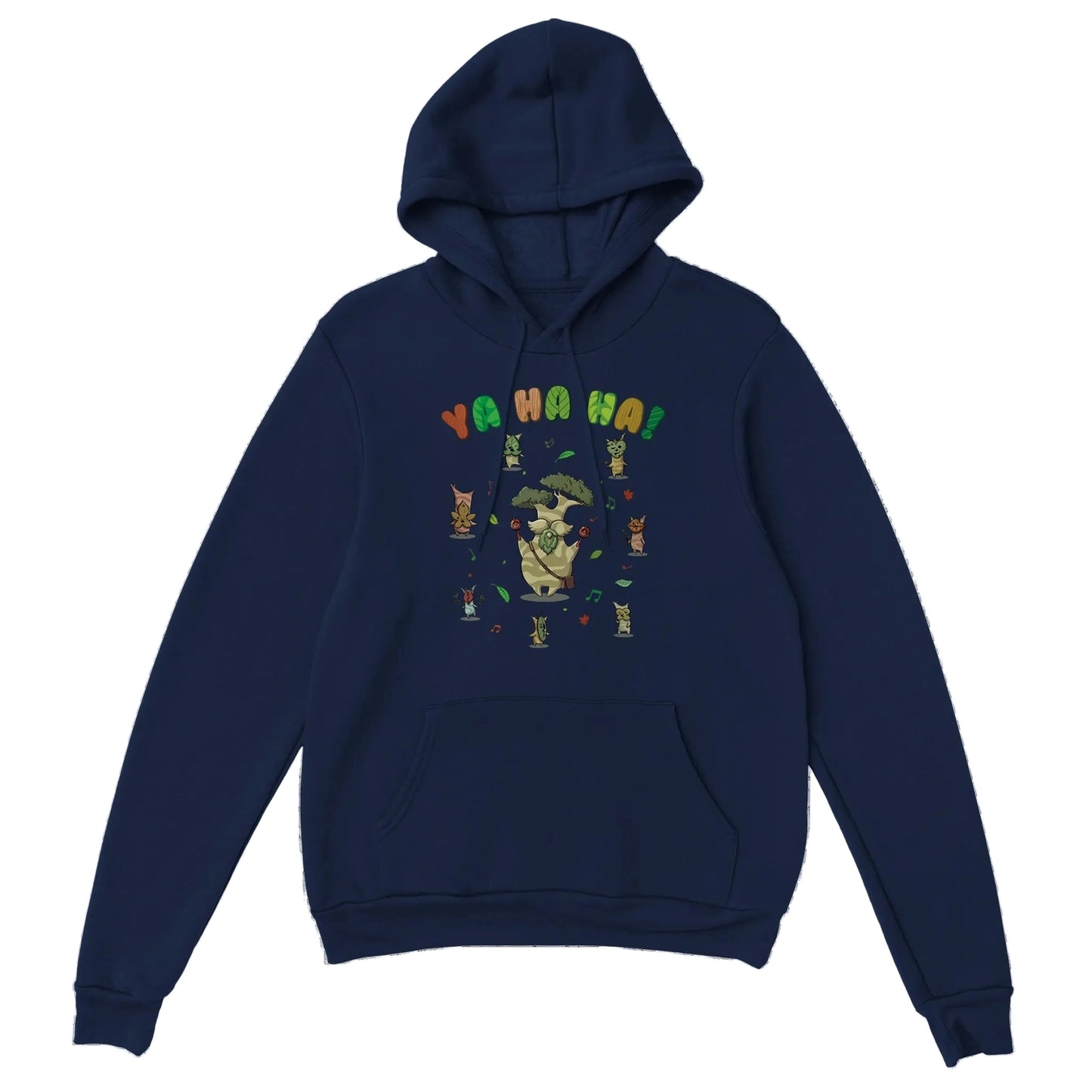 Blue Zelda hoodie with a colorful Hestu and Koroks graphic design on a white background