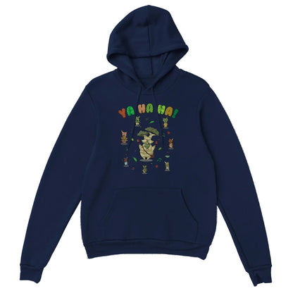 Blue Zelda hoodie with a colorful Hestu and Koroks graphic design on a white background