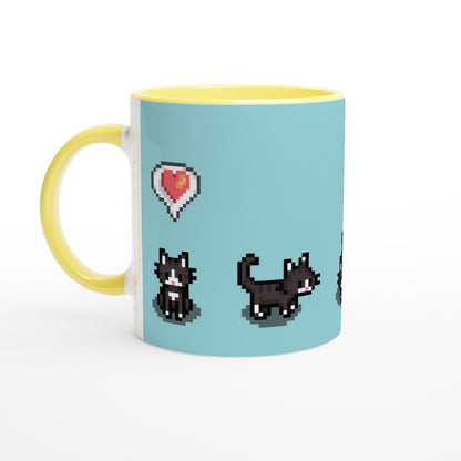 A ceramic mug features pixelated graphics of tuxedo cats and a heart emote inspired by the Stardew Valley video game.