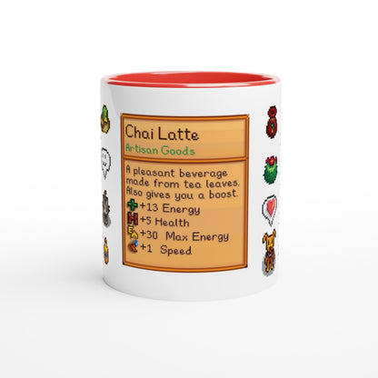A white mug featuring a Stardew Drinks pattern with pixel art sprites and a card displaying information about a Chai Latte beverage.