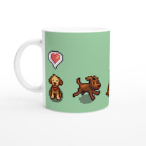 A white mug displays pixel art of three dogs from Stardew Valley, including a heart emote above one dog wearing a red collar.
