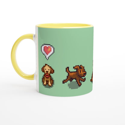 A yellow mug displays pixel art of three dogs from Stardew Valley alongside a heart emote.