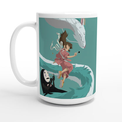 The mug depicts characters Haku, Chihiro, and No-Face from Studio Ghibli's Spirited Away in a stylized illustration against a teal background.