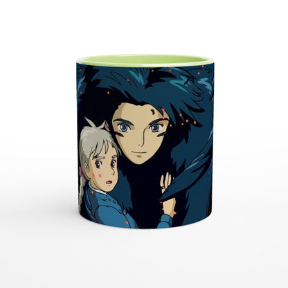 The mug features a Studio Ghibli-inspired design depicting Howl and Sophie from Howl's Moving Castle in a dark blue illustration with a green rim.