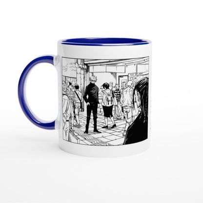 A white ceramic mug features a black and white manga panel depicting Satoru Gojo and Suguru Geto in a tense scene from Jujutsu Kaisen.