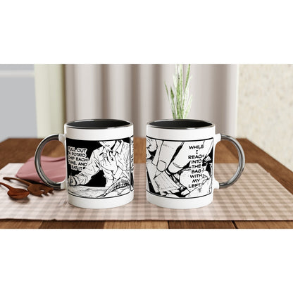 This 11oz ceramic mug features black and white panels from the Deathnote manga depicting Light Yagami, referencing a potato chip.