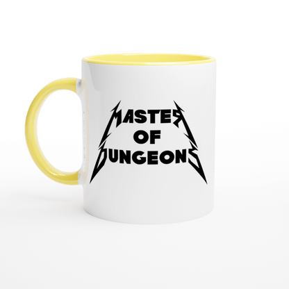 A white mug features "Master of Dungeons" text in a Metallica-inspired font and design.