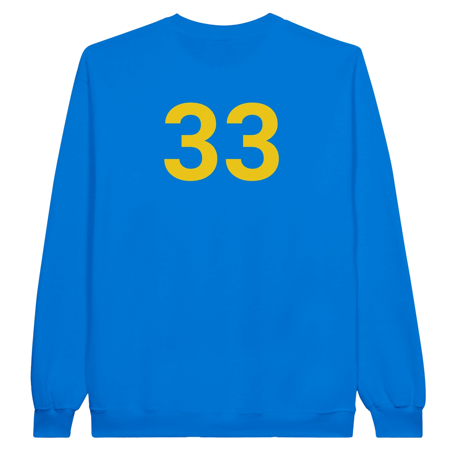Blue sweatshirt with yellow number 33 on the back against a white background