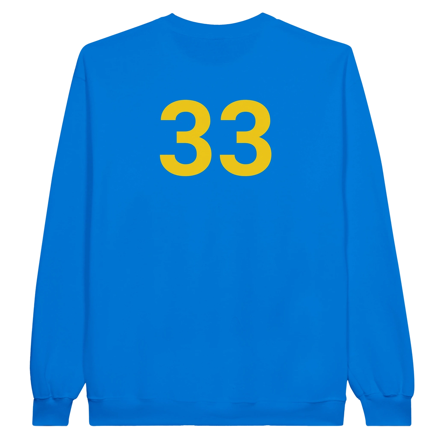 Blue sweatshirt with yellow number 33 on the back against a white background