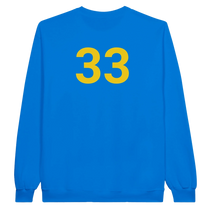 Blue sweatshirt with yellow number 33 on the back against a white background