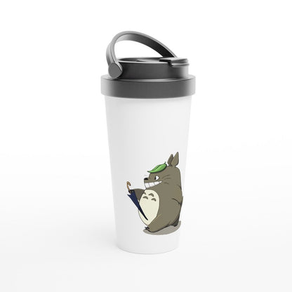 A white insulated ceramic travel mug features a Studio Ghibli Totoro illustration holding an umbrella.
