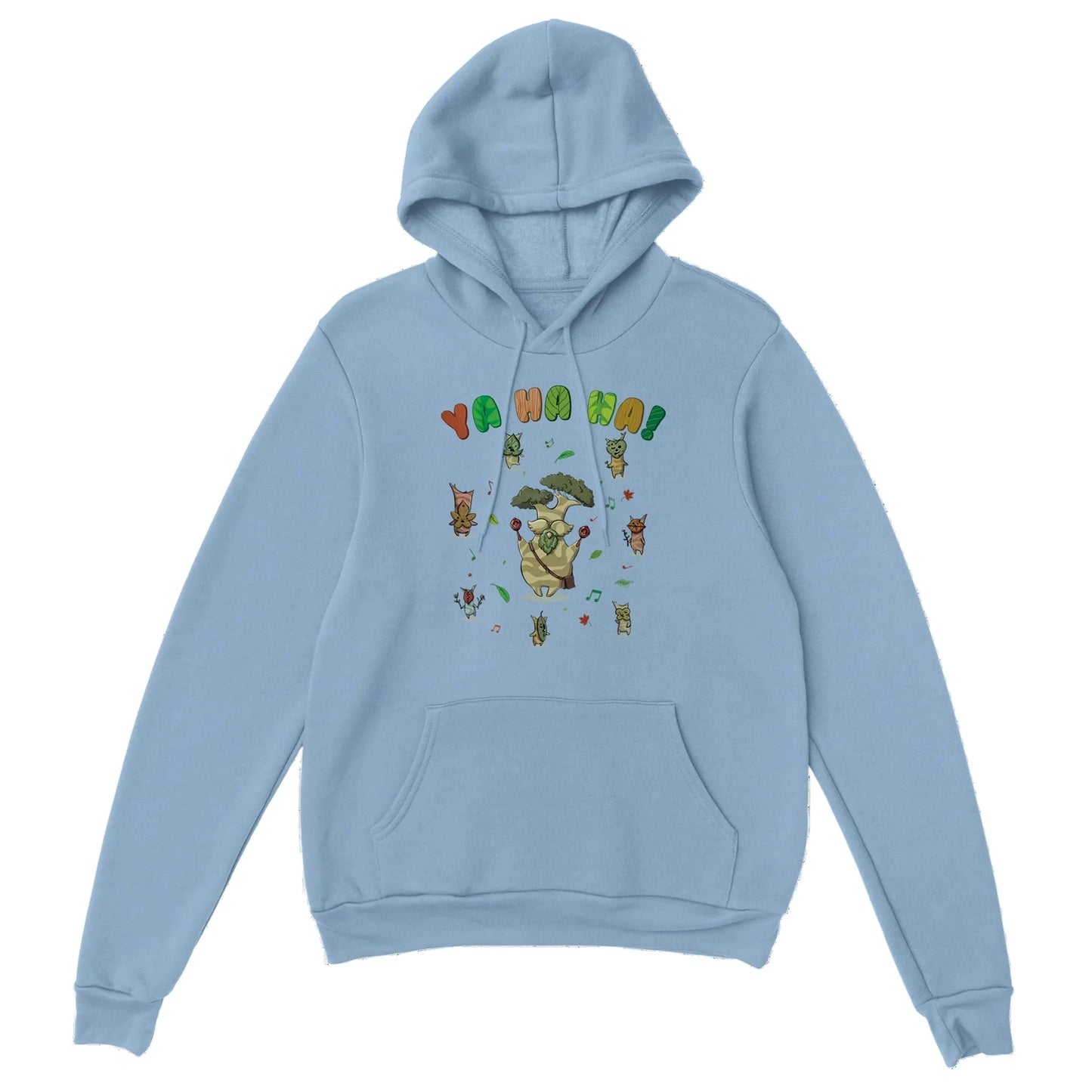 Pale blue Zelda hoodie with a colorful Hestu and Koroks graphic design on a white background
