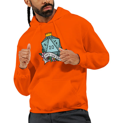 A man wearing an orange D&D hoodie displays a graphic of a D20 die with the phrase "That's How I Roll" and a crown above it.