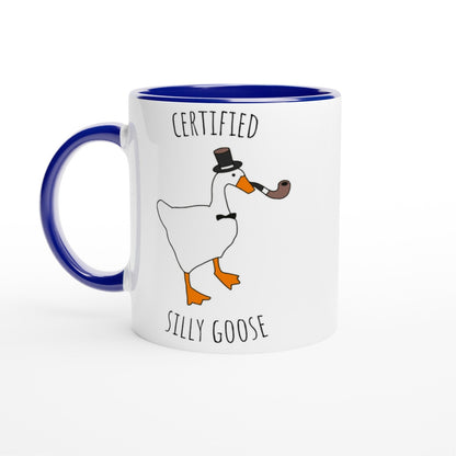 Mug with a goose illustration and text 'Certified Silly Goose' on a white background