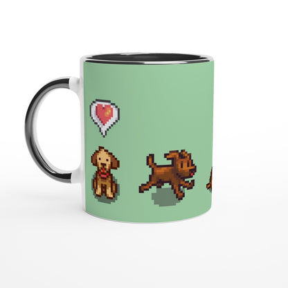 A white mug displays pixel art of two dogs and a heart icon referencing the Stardew Valley video game.