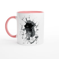 A white ceramic mug with a pink handle features an illustration of the Colossal Titan from Attack on Titan breaking through a wall.