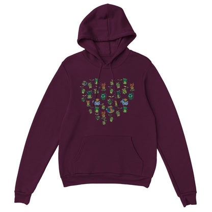 A maroon hoodie features a heart-shaped pattern of Korok characters from The Legend of Zelda: Tears of the Kingdom and Breath of the Wild.