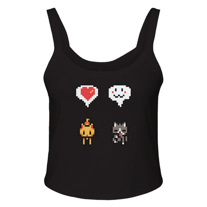 A black Stardew Cats tank top displays pixel art icons of a heart, speech bubble, flame, and cat.