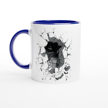 A white ceramic mug with a blue handle and rim features a graphic design depicting the Colossal Titan from Attack on Titan breaking through a wall.