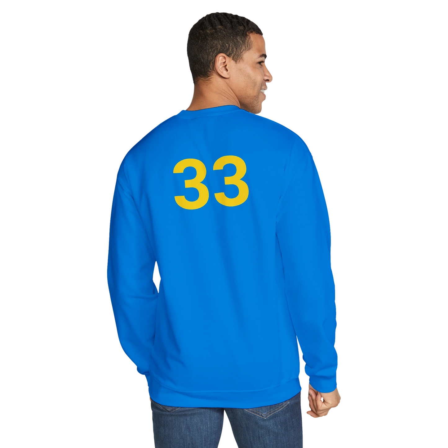 Person wearing a blue sweatshirt with the number 33 on the back against a white background
