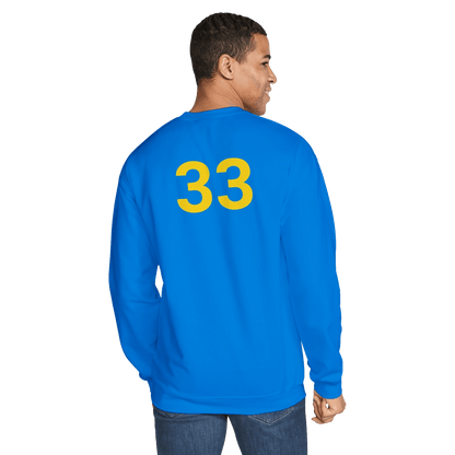 Person wearing a blue sweatshirt with the number 33 on the back against a white background