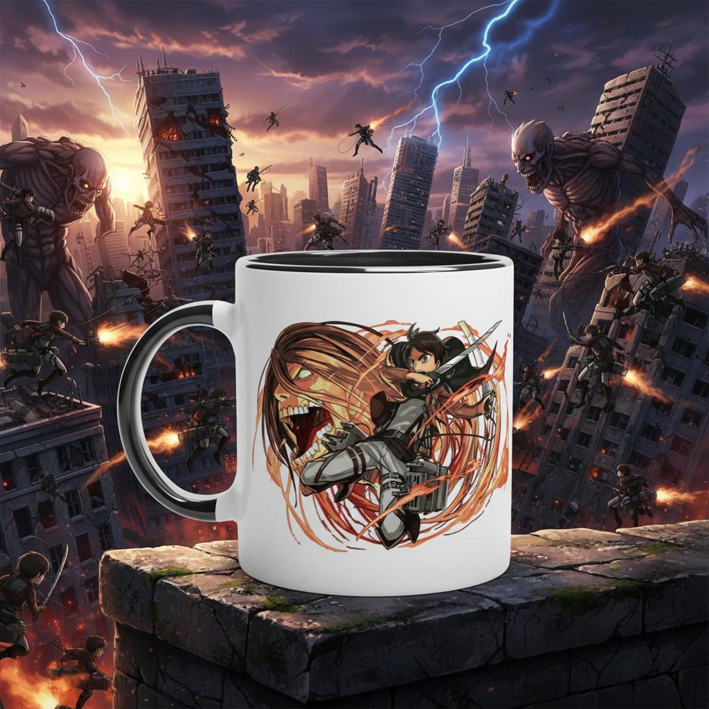An Attack on Titan mug depicts Eren Yeager wielding blades amidst a chaotic cityscape from the anime.