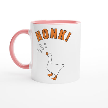 Mug with 'Honk!' text and Untitled Goose Game illustration on a white background