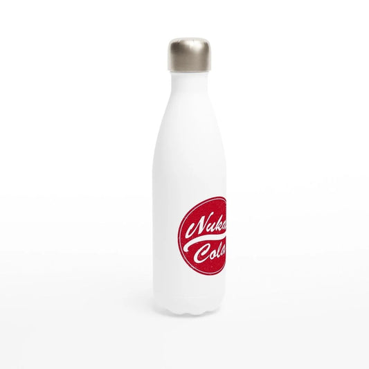 A white insulated water bottle displays a distressed Nuka-Cola logo from the Fallout video game.
