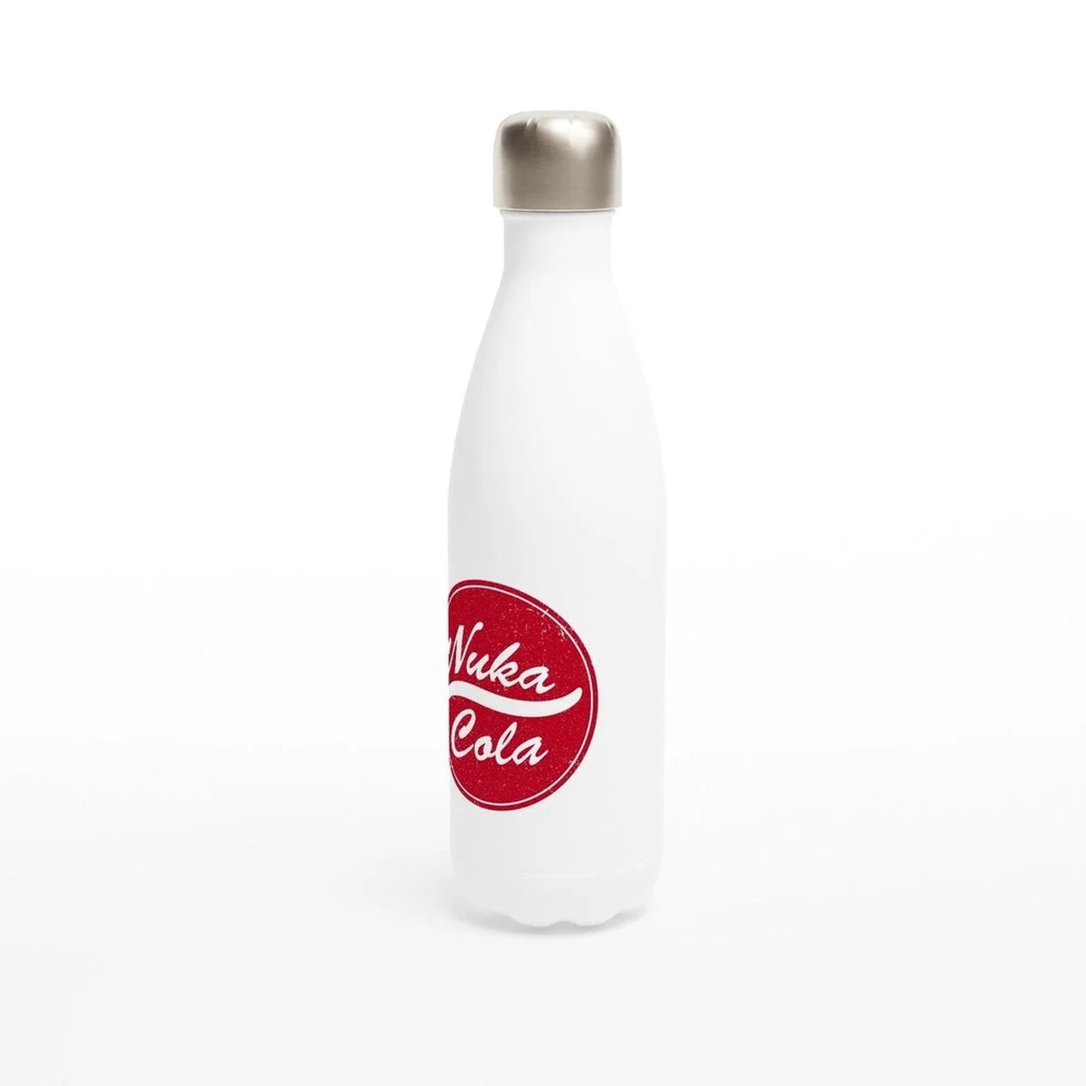 A white insulated water bottle displays a distressed Nuka-Cola logo from the Fallout video game series.