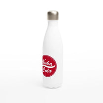 A white insulated water bottle displays a distressed Nuka-Cola logo from the Fallout video game series.
