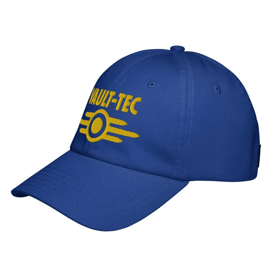 A blue Vault-Tec baseball cap features yellow embroidered lettering and a logo referencing the Fallout video game series.